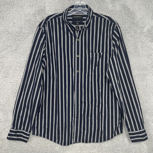 Banana Republic Shirt Men Size M Blue Gray Striped Slim Untucked Fit Organic - Picture 1 of 7